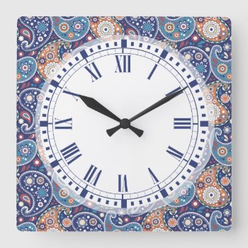 Blue Country Western Ranch Retro Paisley Print Square Wall Clock by VillageDesign at Zazzle