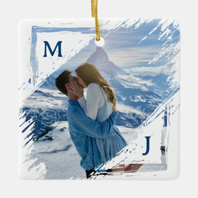 Blue Couple Photo Keepsake First Christmas Engaged Ceramic Ornament (Front)
