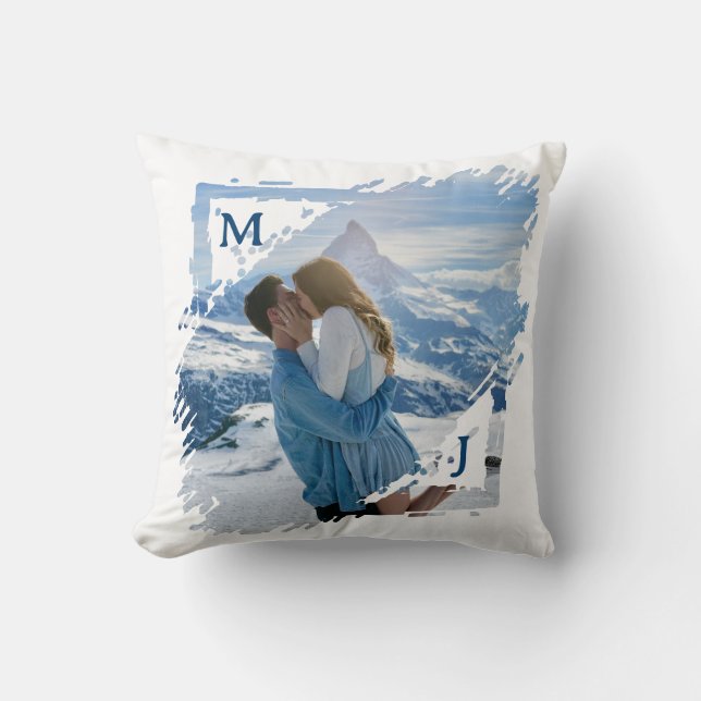 Blue Couple Photo Keepsake First Christmas Engaged Throw Pillow (Front)