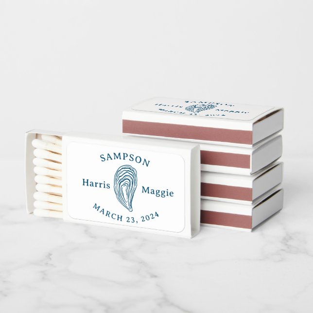 Blue Couples Name and Date Oyster Matchboxes (Stacked)