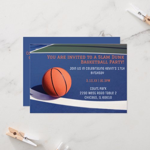 Blue court basketball birthday invitations