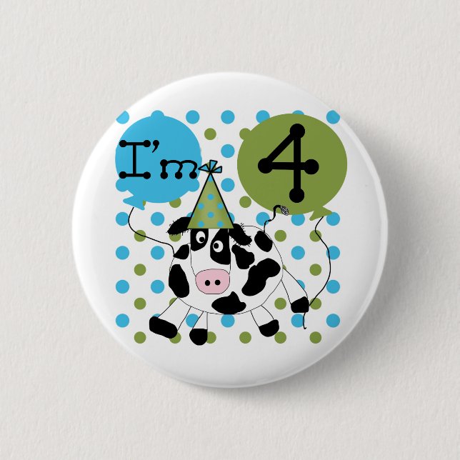 Blue Cow 4th Birthday Tshirts and Gifts Button (Front)