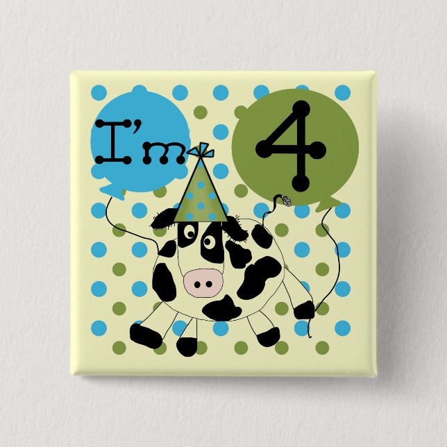 Blue Cow 4th Birthday Tshirts and Gifts Button (Front)