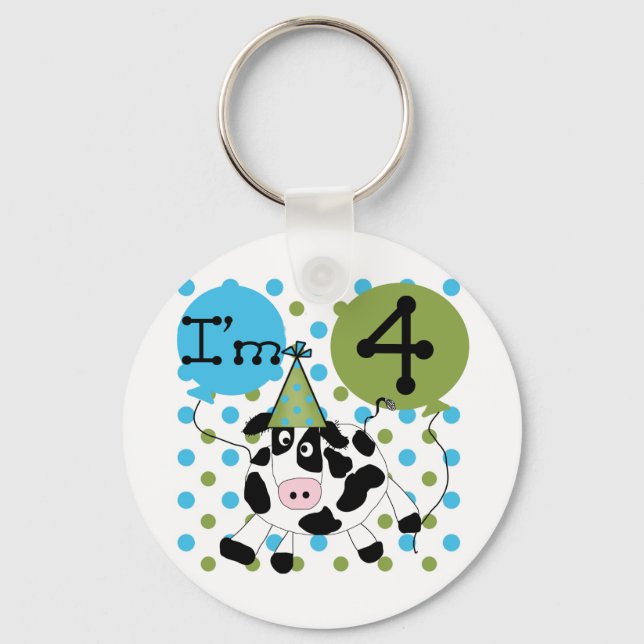 Blue Cow 4th Birthday Tshirts and Gifts Keychain (Front)