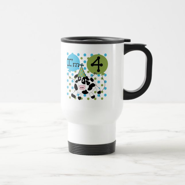 Blue Cow 4th Birthday Tshirts and Gifts Travel Mug (Right)