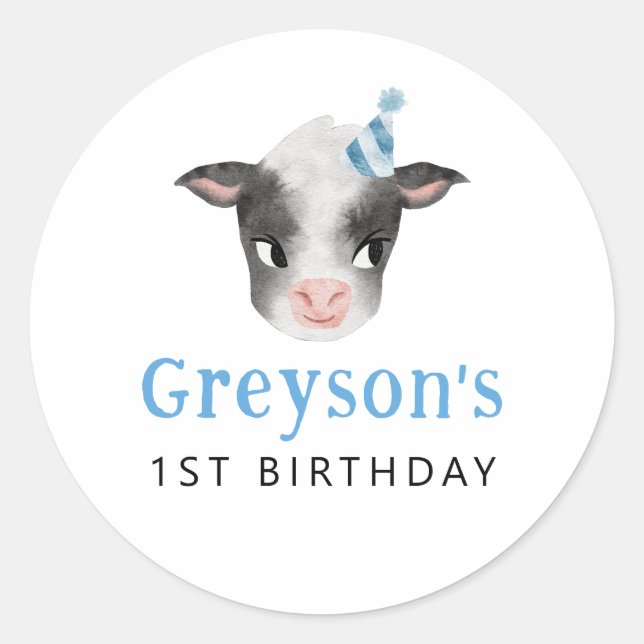 Blue Cow Birthday Party Favor  Classic Round Sticker (Front)