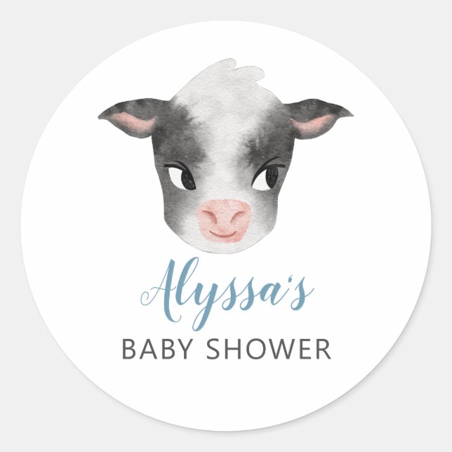 Blue Cow Boy Baby Shower  Classic Round Sticker (Front)