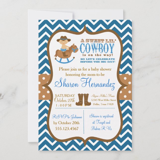 Blue Cowboy Baby Boy Shower Invitation chevron (Front)