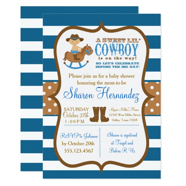 Blue Cowboy Baby Boy Shower Invitation Striped