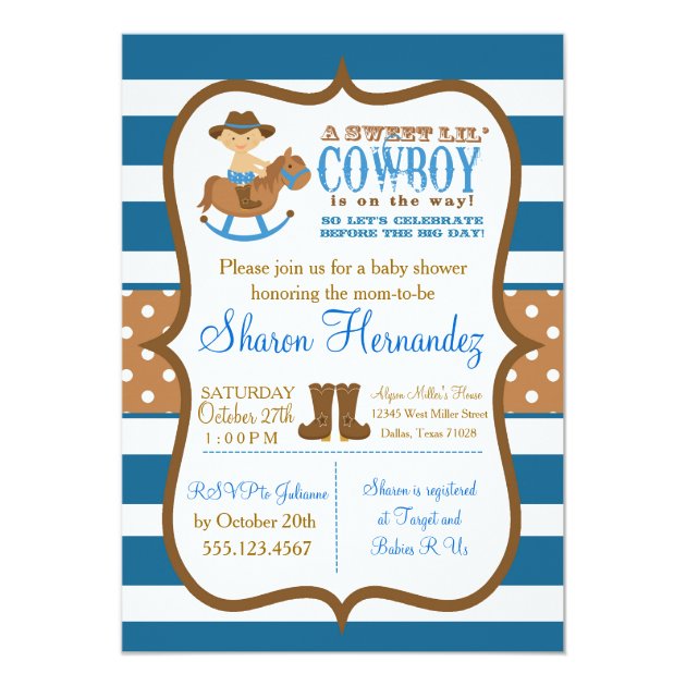 Blue Cowboy Baby Boy Shower Invitation Striped