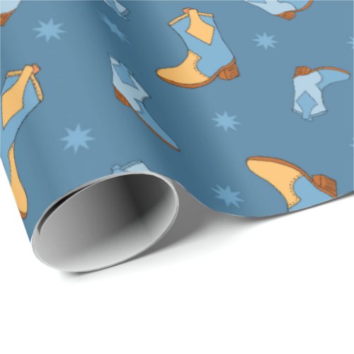 Blue Cowboy Boots Western Patterned Wrapping Paper