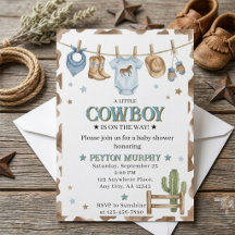 Blue Cowboy Clothesline Baby Boy Shower Invite