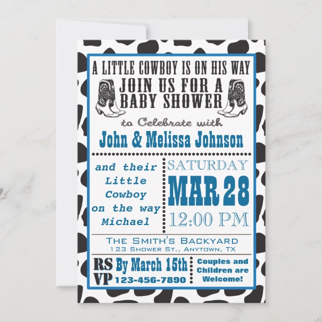 Blue Cowboy Cowprint Baby Shower invitations (Front)