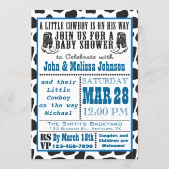 Blue Cowboy Cowprint Baby Shower Invitations by aaronsgraphics at Zazzle