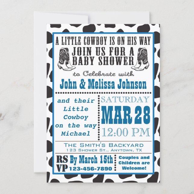 Blue Cowboy Cowprint Baby Shower invitations (Front)