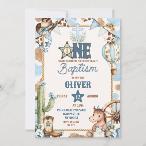 Blue Cowboy First Baptism & Rodeo Party Invitation