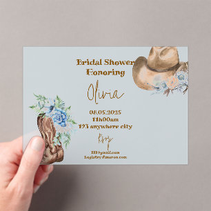 BLUE COWBOY FLORAL BRIDAL SHOWER  ACRYLIC INVITATIONS