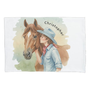 Blue Cowboy Kissing a Horse Birthday Party Gift Pillow Case