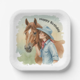 Blue Cowboy Kissing a Horse Birthday Party Paper Plates