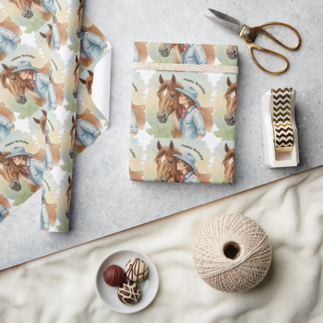 Blue Cowboy Kissing a Horse Birthday Party Wrapping Paper (Crafts)