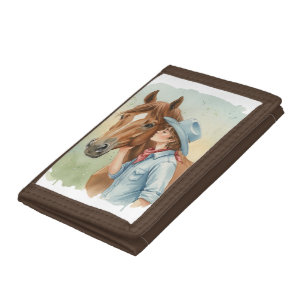 Blue Cowboy Kissing a Horse Boy Trifold Wallet