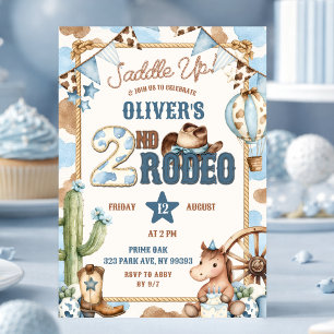 Blue Cowboy Saddle Up Second Rodeo Birthday Invitation