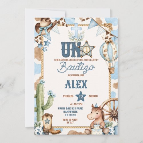 Blue Cowboy Spanish Uno Baptism & First Rodeo Invitation