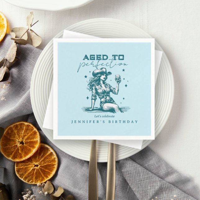 Blue Cowgirl Aged to Perfection Birthday Party  Napkins (Creator Uploaded)