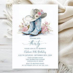 Blue Cowgirl Boots and Hat 30th Birthday Party Invitation