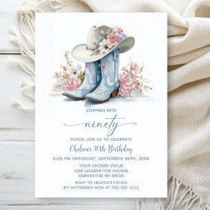 Blue Cowgirl Boots and Hat 90th Birthday Party Invitation