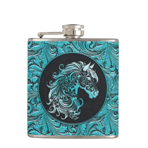 Blue cowgirl floral tooled leather horse head flask