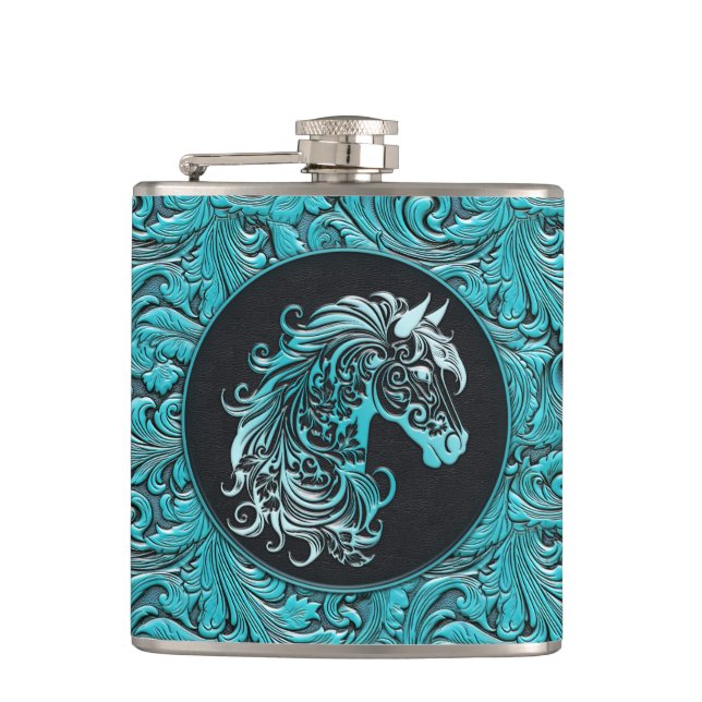 Blue cowgirl floral tooled leather horse head flask (Front)