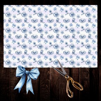 Blue Cowgirl Toile Chinoiserie on Purple Stripes
