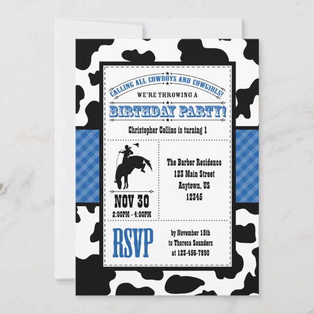 Blue Cowhide Cowboy Birthday Invitation (Front)