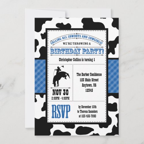 Blue Cowhide Cowboy Birthday Invitation
