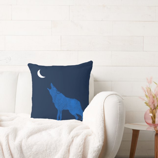 Blue Coyote Howling at the Moon Monogram Two Sided Throw Pillow (Couch)