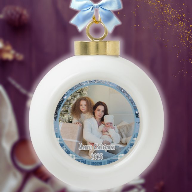 Blue Cozy Plaid Snowy Winter Photo   Ceramic Ball Christmas Ornament (Creator Uploaded)