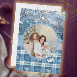 Blue Cozy Plaid Snowy Winter Photo Christmas Holiday Card