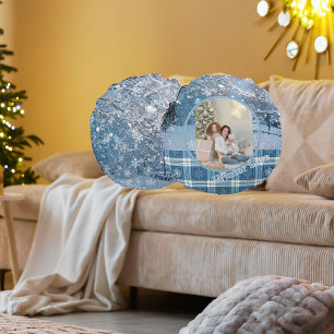 Blue Cozy Plaid Snowy Winter Photo Christmas Round Pillow