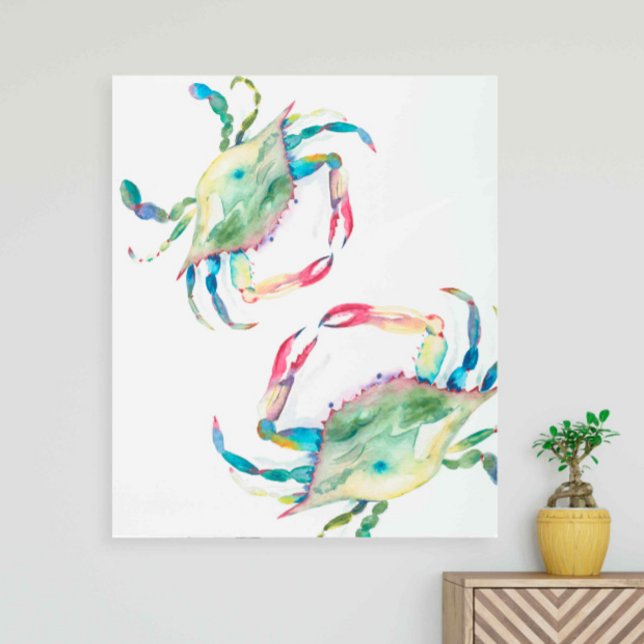 Blue Crab Beach Fine Modern Metal Wall Art (Metal wall art watercolor blue crab beach decor art by Victoria Grigaliunas of Do Tell A Belle)