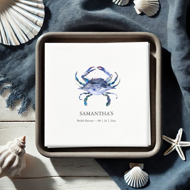 Blue Crab Beach Personalized Bridal Shower Napkins (Bridal shower napkins watercolor blue crab art by Victoria Grigaliunas Do Tell A Belle)