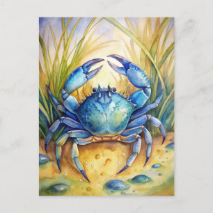 Blue Crab Coastal Beach Ocean Life Painting Postcard