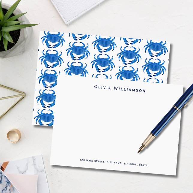 Blue Crab Coastal inspired Note Card (Blue coastal crab, crustacean illustrated notecard. Personalize with your name & address details.)