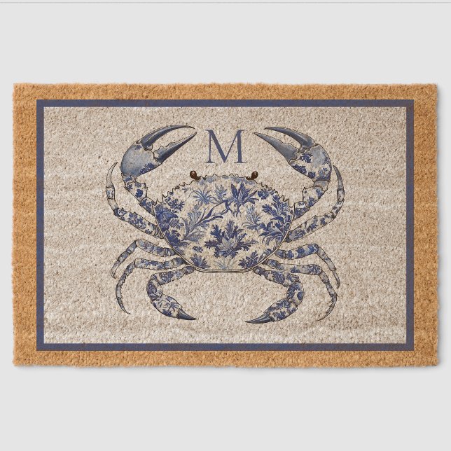 Blue Crab Coastal Nautical Monogram Fiber Doormat (Front)