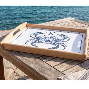 Blue Crab Coastal Nautical Monogram  Serving Tray