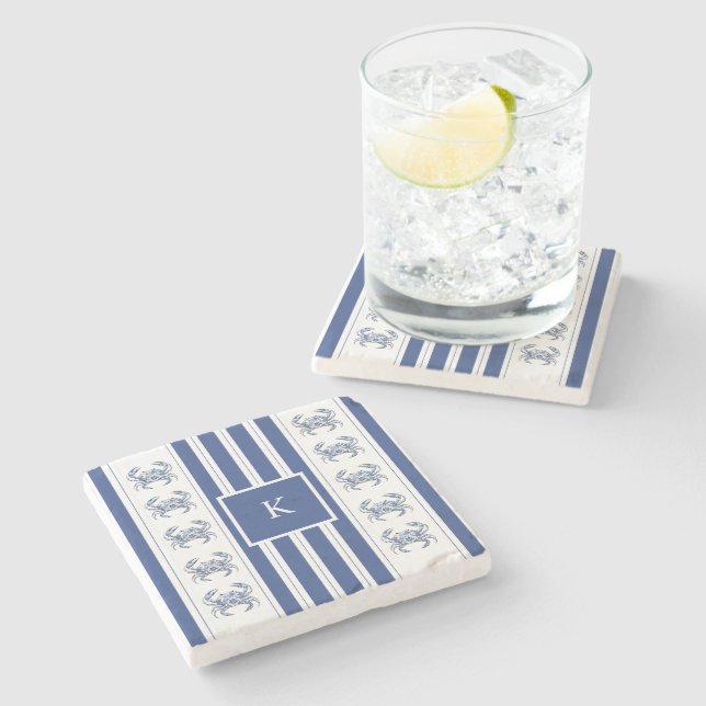 Blue Crab Coastal Nautical Monogram Stone Coaster (Side)