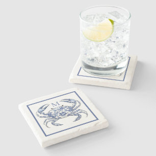 Blue Crab Coastal Nautical Monogram Stone Coaster