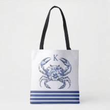 Blue Crab Coastal Nautical Monogram Tote Bag