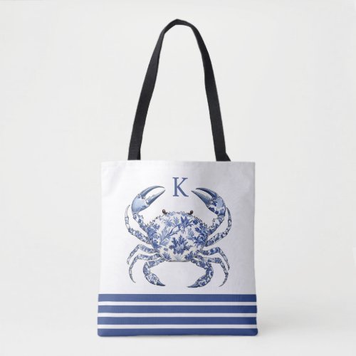 Blue Crab Coastal Nautical Monogram Tote Bag