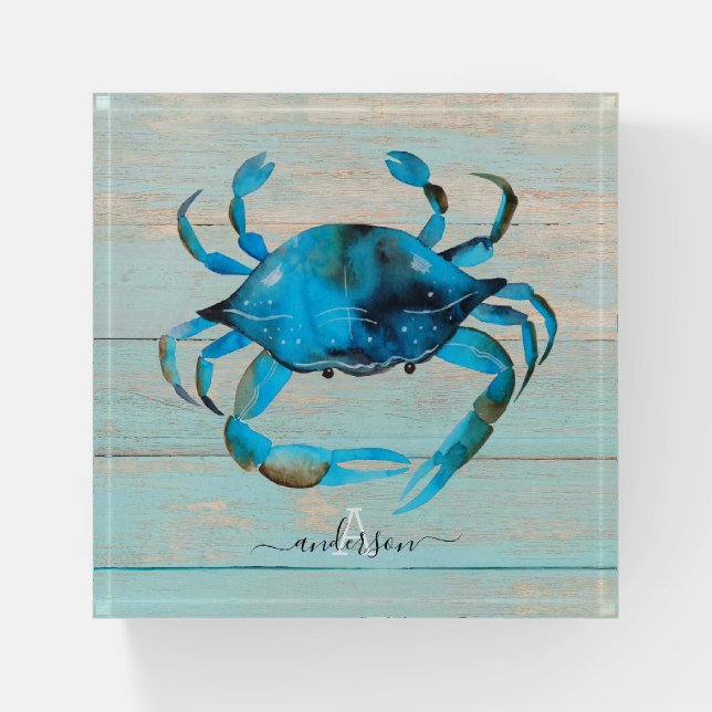 Blue Crab Coastal Nautical Rustic  Paperweight (Front)